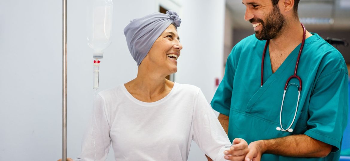 Woman with cancer during chemotherapy recovering from illness in hospital