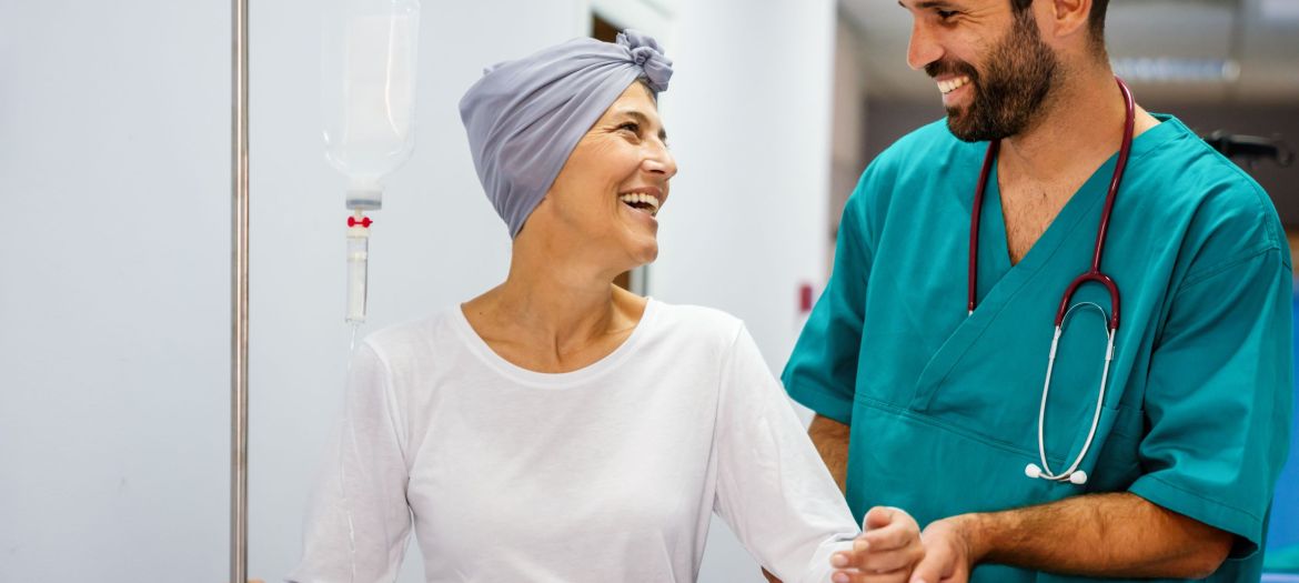Senior woman with cancer during chemotherapy recovering from illness in hospital