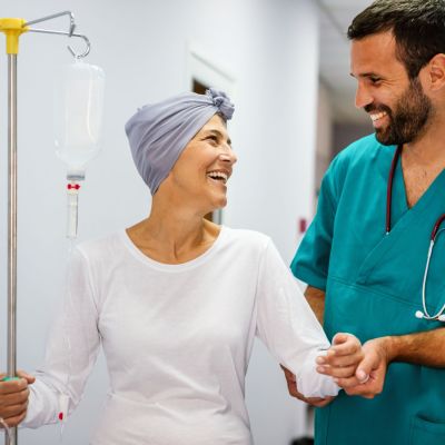 Woman with cancer during chemotherapy recovering from illness in hospital