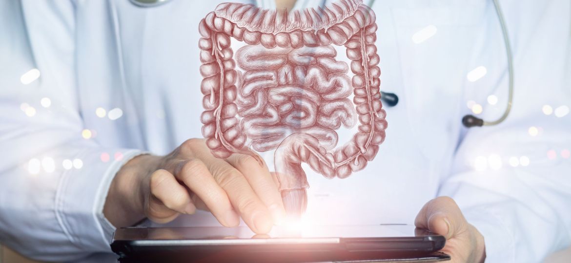 Doctor shows colon and intestines on tablet.
